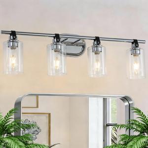 4-Light Bathroom Light Fixtures, Chrome Bathroom Vanity Lights with Clear Glass Shade, Modern Wall Light Sconce for Mirror Farmhouse Rustic Restroom Kitchen Living Room Hallway