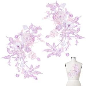 CRAFTYMELODY 2PCS 3D Embroidered Flower Fabric Beaded Lace Applique Lavender Cloth Appliques Sew On Patches Handmade Sewing Tool for Wedding Bridal Dress DIY Crafts Clothing Accessories