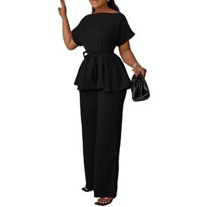 Women's 2 Piece Outfits Suit Set Short Sleeve Peplum Top Flared Pants Sets Business Pantsuits, 3XL, Black Women's 2 Piece Outfits Suit Set Short Sleeve Peplum Top Flared Pants Sets Business Pantsuits, 3XL, Black