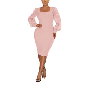 acelyn Sexy Ribbed Mesh Long Lantern Sleeve Bodycon Midi Dress Square Neck Party Clubwear Cocktai Formal Wrap Dresses Lightpink (Pink)