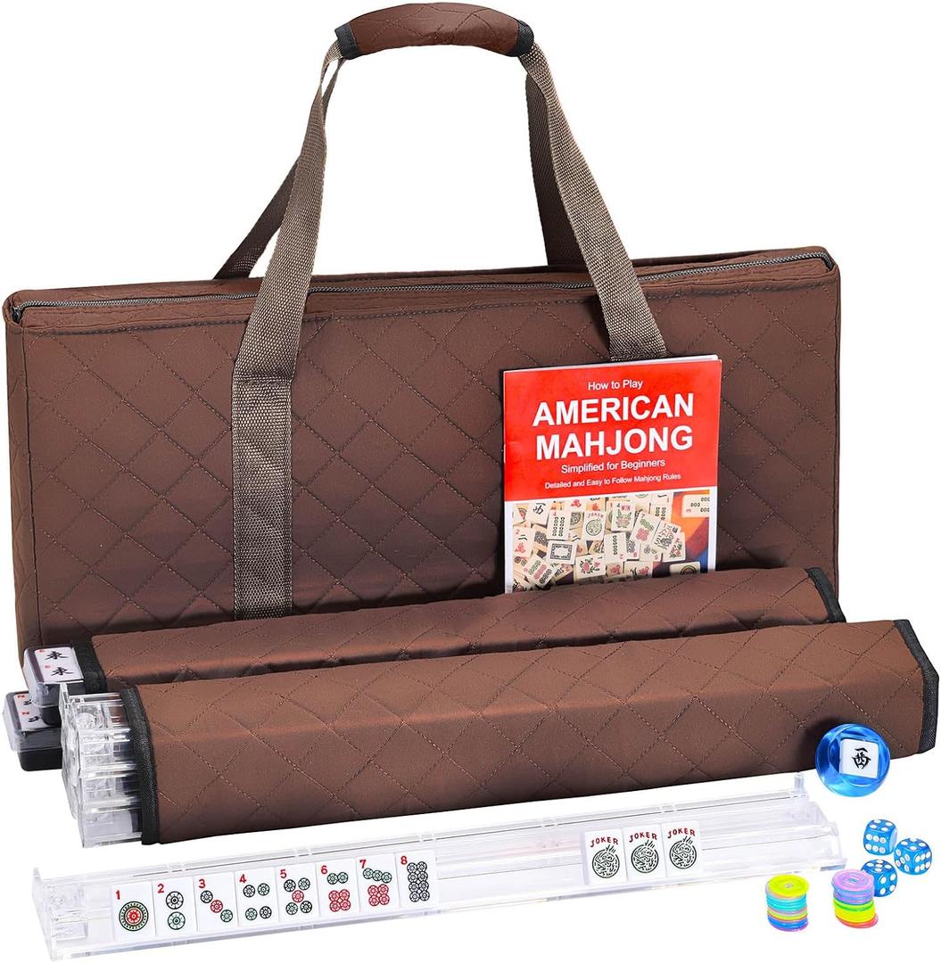 American Mahjong Tile Set with Brown Bag, 166 White Tiles with Accessories, 4 Mahjong Racks with Pushers, Mahjong Set for Beginners (Ma Jong, Mah-Jongg)