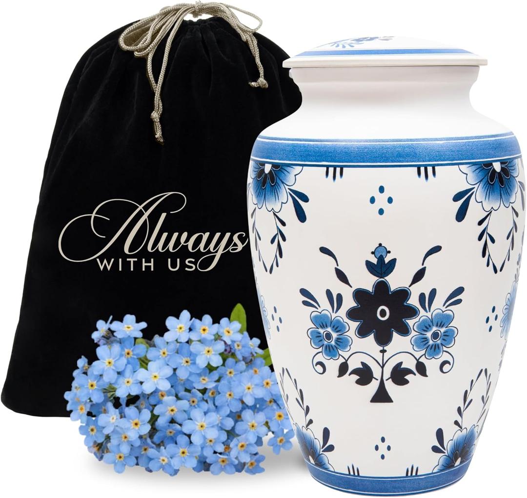 Cremation Urns for Human Ashes Adult Female, Male | Funeral Urn for Ashes for Women, Men | Decorative for Burial, Memorial, Home | Handcrafted Large Size | Delft Style Blue & White