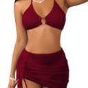 MakeMeChic Women's 3 Piece Bathing Suits Halter Ring Bikini Set with Cover Up Skirts (Medium)