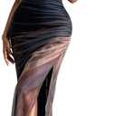 WDIRARA Women's One Shoulder Mesh Ruched Maxi Dress Tie Dye High Slit Bodycon Dresses size XS