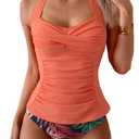 Eomenie Womens Halter Tankini Bathing Suit Ruched Tummy Control Two Piece Swimsuit with Bottom, Medium  