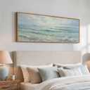 Framed Long Narrow Blue Coastal Landscape Horizontal Wall Art, 60x20 Inch, 57"L x 19"W