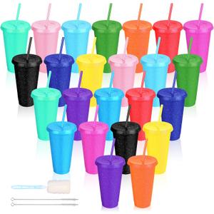 24 Pack Plastic Tumblers with Lids and Straw, Reusable Cups with Lids and Straws Colorful Cups for Cold Drink Iced Coffee, Plastic Tumbler Bulk for Party Birthday Gifts (24 oz, Solid Colors)