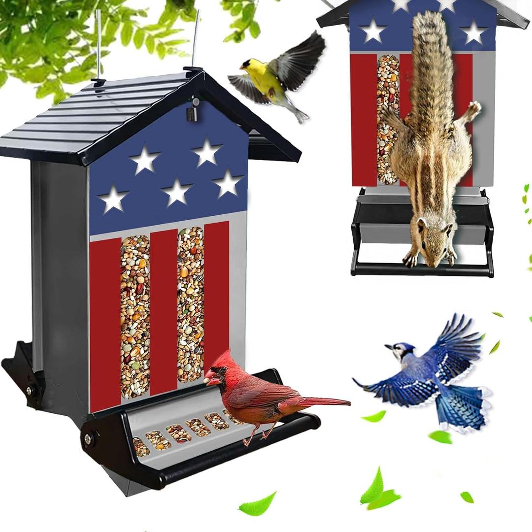 Squirrel Proof Bird Feeder for Outdoors,6LB Large Capacity,Metal Wild Bird Seed Feeder with Bilateral Weight-Activated Perches for Outside Hanging,Finch,Cardinal,Blue Jay,GardenGrey
