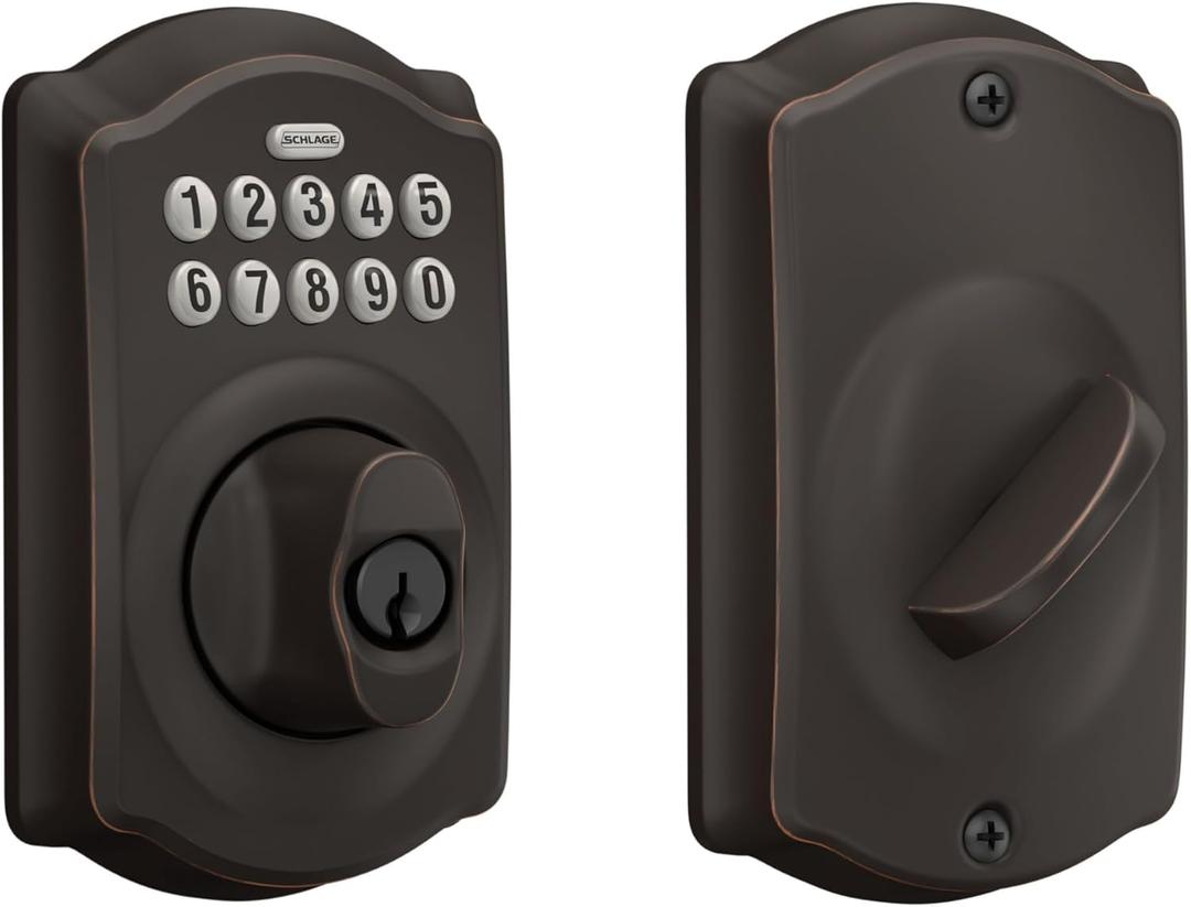 Schlage Camelot Electronic Keypad Deadbolt Lock, Keyless Front Door Entry, Mechanical Key Backup Included, Aged Bronze, BE365 V CAM 716