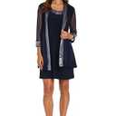 R&M Richards Women's 2-Piece Sheer Jacket Dress Set - Beaded Trim & 3/4 Sleeves - Cocktail, Party & Formal Occasions Navy 22W