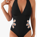 Leoparts Women's V Neck One Piece Swimsuits Halter Color Block Sunflower Side Cutout Slimming Bathing Suit Swimwear XL