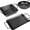 Qetumst Small Non-Stick 3 Piece Grill Basket Set BBQ Grilling Basket for Vegetables, Seafood & Meat Heavy Duty Perforated Grill Pan for Charcoal, Gas and Outdoor Grills, Easy to Clean Grilling Accessories