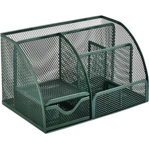 VANRA Office Supply Caddy Metal Mesh Desktop Supplies Organizer School Supply Holder Stuff Storage Organizer 6 Compartments with Drawer (Olive Green)