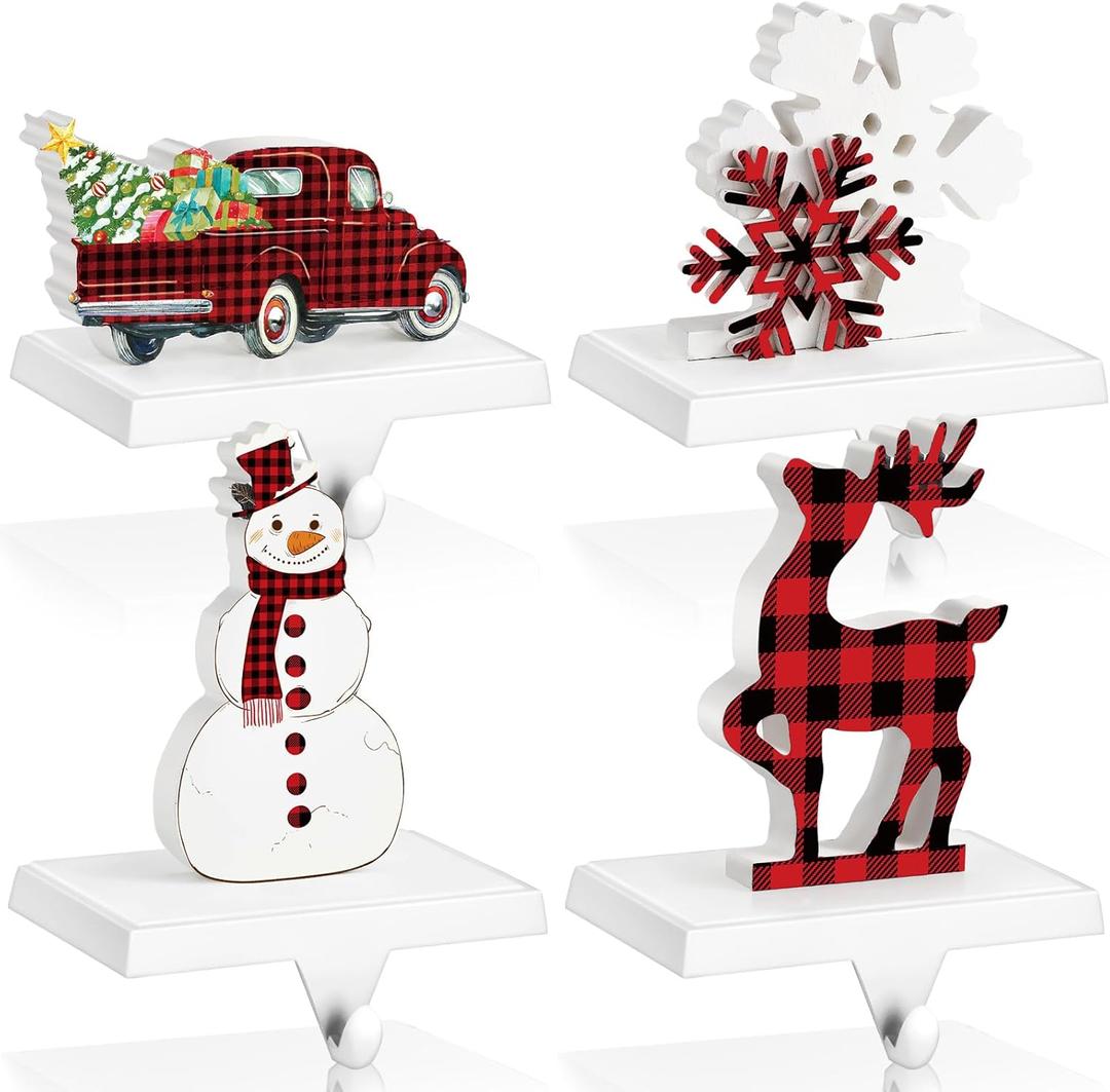 Hicarer Set of 4 Christmas Stocking Holders for Mantle Metal Wooden Stocking Hanger Farmhouse Rustic Stocking Hooks for Fireplace Mantel Decorations Holiday Party (Truck, Elk, Snowman, Snowflake)