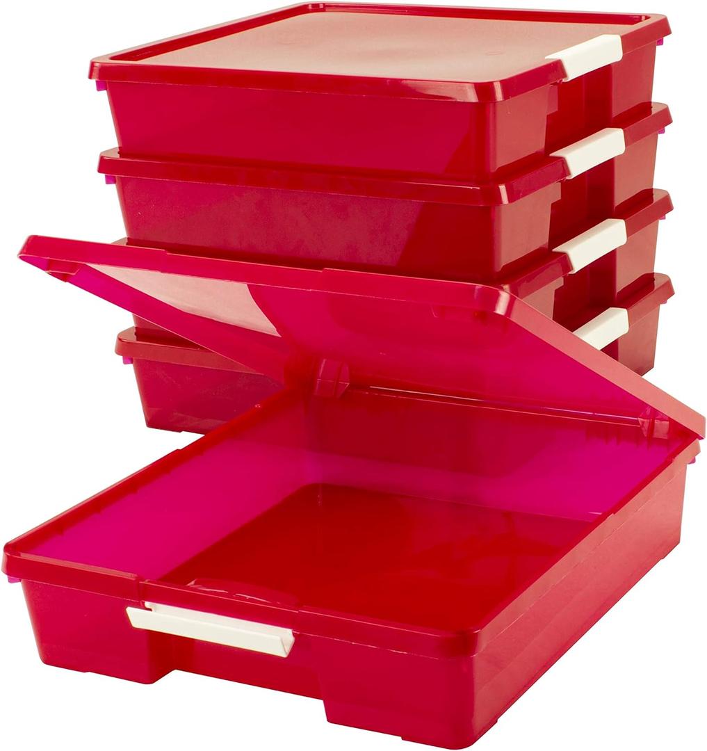 Storex Classroom Craft Project Box  Stacking Plastic Organizer Fits 12x12 Scrapbooking Paper, Red, 5-Pack (63204U05C)