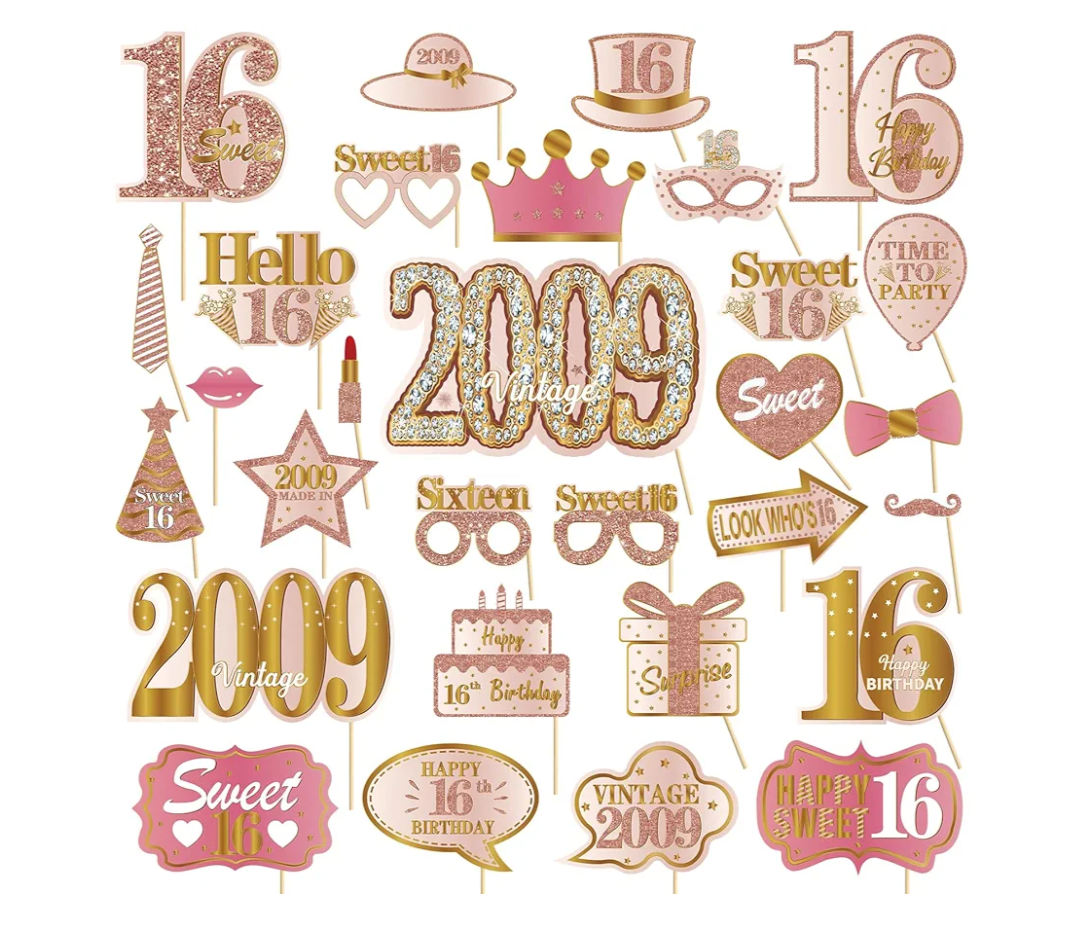 30Pcs 16th Birthday Photo Booth Props for Girls Women, Pink Rose Gold Vintage 2009 16 Birthday Selfie Props Kit with Sticks Party Supplies Favors, Sixteen Bday Photo Props Decor