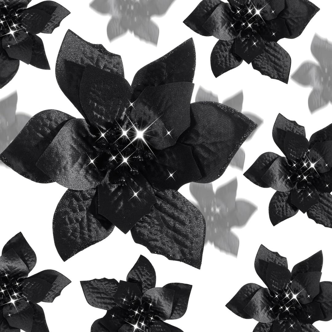 WILLBOND 24 Pcs 3 Size Poinsettia Flower Artificial Christmas Decor Glitter Poinsettia Christmas Ornaments Faux Flowers for Xmas Tree Outdoor(4/6/7.9 Inches, Black)