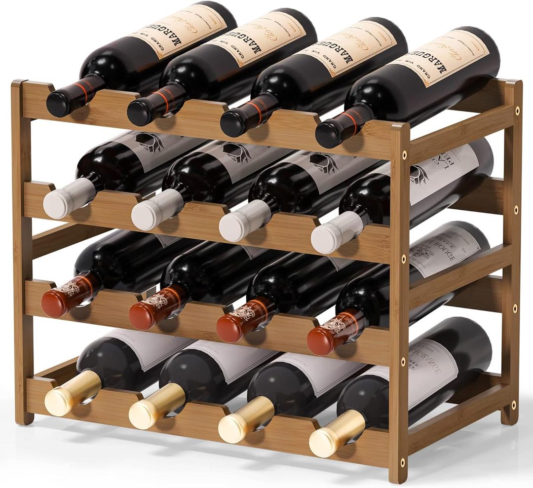 Ruichang Wine Rack Sturdy Wine Countertop  Bamboo Wine Bottle Holder Wine Storage Racks Counter Wine Stand Inserts for Cabinet Free Standing Floor Table Wine Organizer (4Tier, 16 Bottle Capacity)