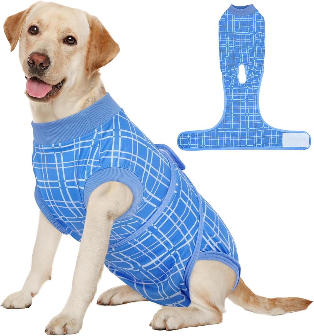 Kuoser Dog Recovery Suit for Female Male Dogs, Post-Surgery Bodysuit for Spay Neuter, Dog Onesie After Surgery, Anti-Licking Pet Surgical Recovery Suit, Blue L (L (Back:16.1-20.1'', Weight:23-48 LB))