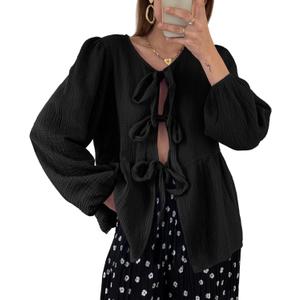 Tankaneo Womens Bow Tie Front Tops Babydoll Puff Long Sleeve Blouse Y2k Cotton Shirt (X-Large, Black)