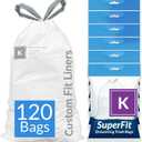 Reli. SuperFit Code K (120 Count) | Compatible with Simplehuman Code K | Dispenser Pack Custom Fit Liners | Drawstring Trash Bags | 35-45 Liter / 9-12 Gallon | White