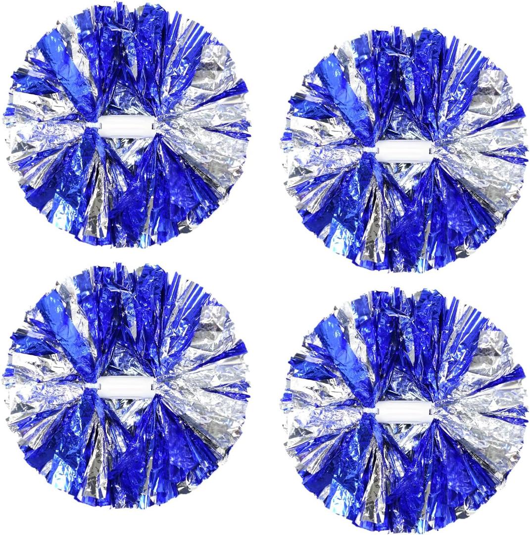 4Pcs Metallic Cheerleading Pom Poms, Creatiee 2 Pair Cheerleader Cheering Squad Pompoms for School Sports Dance Games Team Spirit Cheer (Blue-Silver)