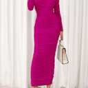 PRETTYGARDEN Womens 2026 Fall Long Sleeve Maxi Dress Off Shoulder Mesh Ruched Bodycon Trendy Long Wedding Guest Dresses (Pink, M)