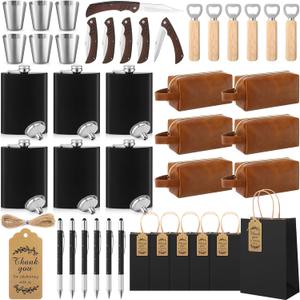 44 Pcs Baby Shower Prizes for Men with Flasks PU Leather Toiletry Bag Multi Tool Pen Bottle Opener Folding Knife Gift Bag Baby Shower Gifts Groom Game Prizes for Bachelor Party(Black)