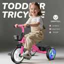 Umatoll Tricycle for Toddlers 2-5 Year Old, Ajustable Toddler Bike Outdoor Toys, Birthday Gift for Girl Boy Age 2-4, Trike with Light up Wheels (Rose)