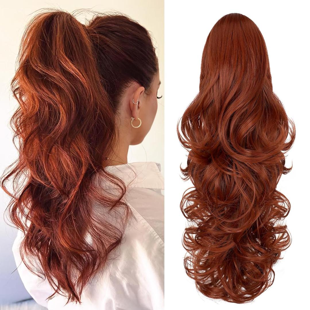 FELENDY Ponytail Extension Claw 18" Copper Red Curly Wavy Clip in Hairpiece One Piece A Jaw Long Pony Tails for Women