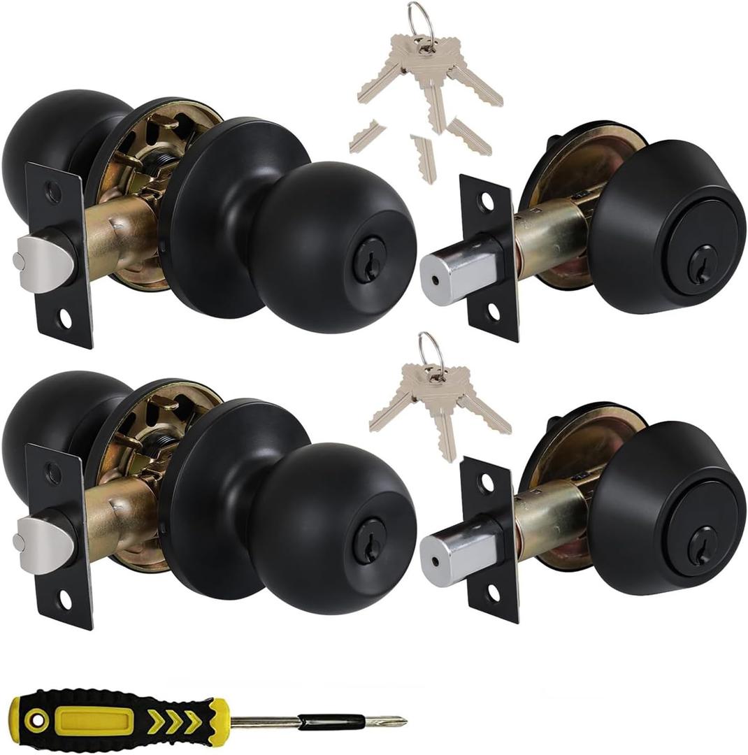 Lanwandeng (2 Sets) All Keyed Same Entry Knobs&Single Cylinder Deadbolt for Exterior Front Doors, Matte Black Finish Entry Door Lock with Same Keys