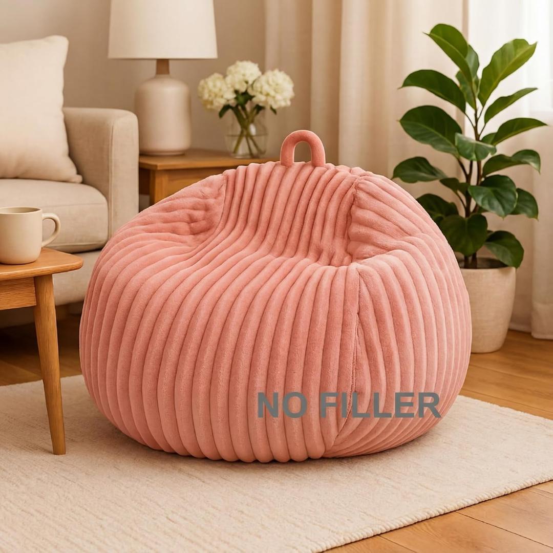 Honeydak Ribbed Rabbit Fur Stuffed Animal Storage Bean Bag Chair Cover (No Filler) Comfy Bean Bag Cover Without Filling or Home Bedroom Decor Organizing Plush Doll Textile Holder(Pink, L)