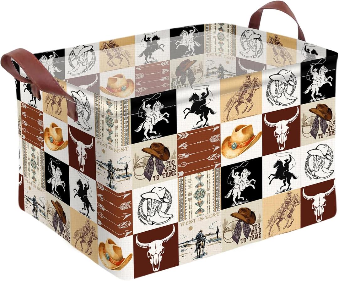 Western Cowboy Storage Basket Waterproof Canvas Toy Storage Bin Western Home Decor Collapsible Outdoor Basket with Leather Handles Western Decor Blanket Baskets For Closets,Bedrooms,Gifts Baskets