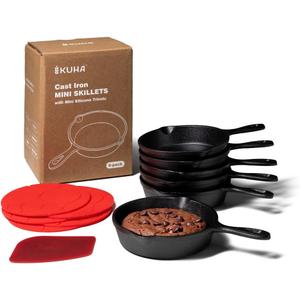 KUHA Small Cast Iron Skillet Set | Pre-Seasoned Mini Cast Iron Skillets for Cookies, Eggs & Desserts | For Baking & Serving | 6 Silicone Trivets & Scraper Included | 4", Set of 6