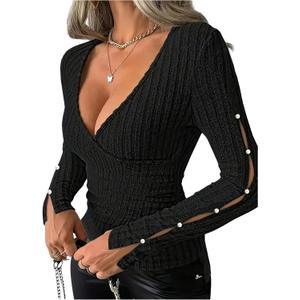 SOLY HUX Women's V Neck Wrap T Shirt Button Split Long Sleeve Tee Slim Fitted Going Out Tops, Small