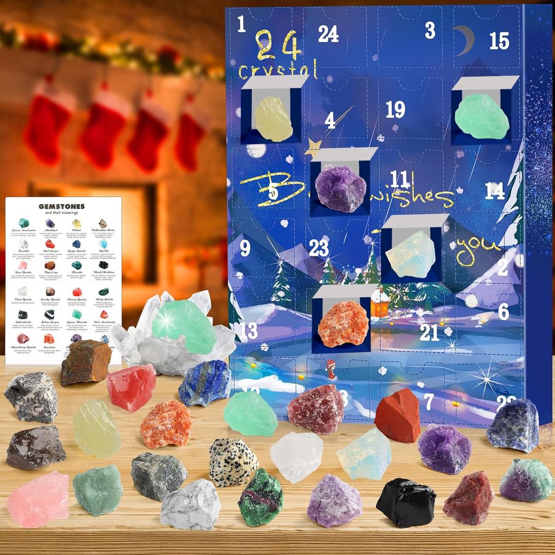 Advent Calendar 2024, 24 Days Natural Healing Crystal Gemstones Minerals & Fossils Advent Calendar Crystals Christmas Calendar Enthusiasts Rocks Collection for Xmas Girls Boys Kids Men Women (Blue)