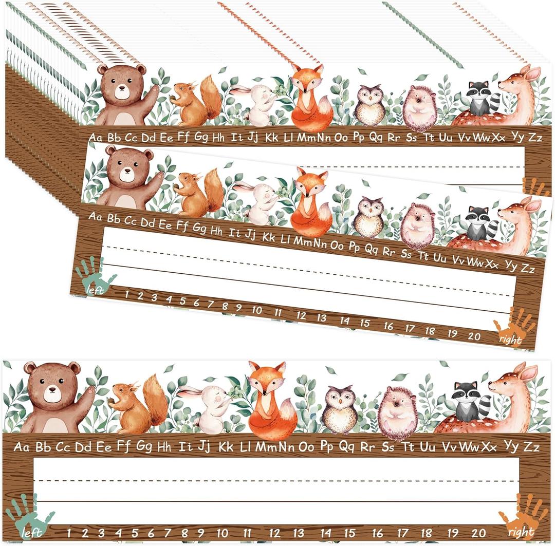 50PCS Woodland Friends Nameplate Traditional Manuscript Flat Left or Right Alphabet Name Tags with Adhesive Dots Classroom Flat Name Plate for School Student Desks Supply Woodland Creatures Decoration