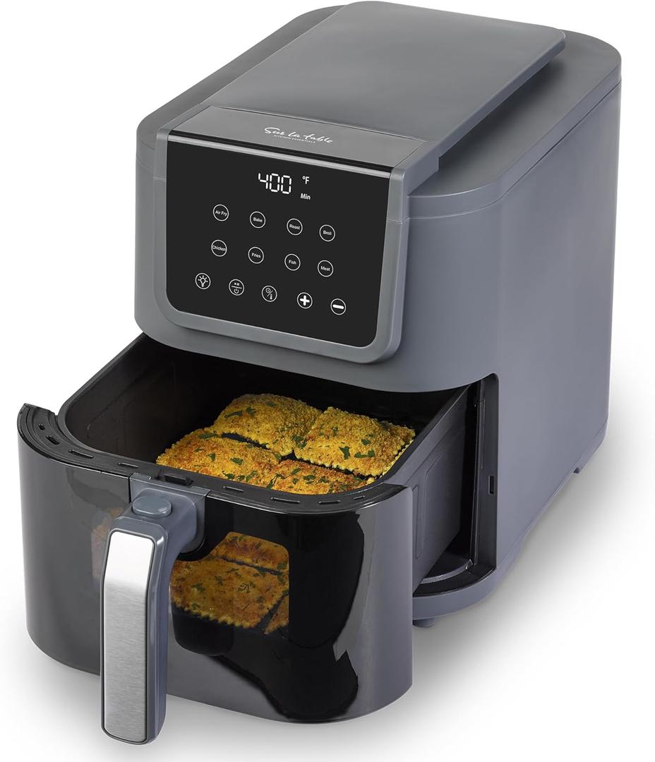 SUR LA TABLE KITCHEN ESSENTIALS 4-in-1 Compact 5-Quart Basket Air Fryer with Window for Easy Viewing, Digital Touchscreen Display with 8-Presets, Air Fry, Bake, Roast, Broil in Minutes, 1500w