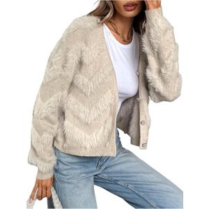 Women's Faux Fur Cardigan Sweaters Fuzzy Button Up Sweaters Long Sleeve V Neck Knit Top Outerwear (M)