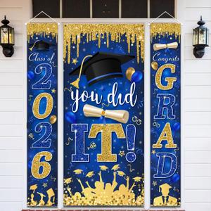 Blue and Gold Graduation Decorations Class of 2026 Congrats Grad Banner and You Did It Graduation Door Cover for High School College Grad Party Supplies(Blue)