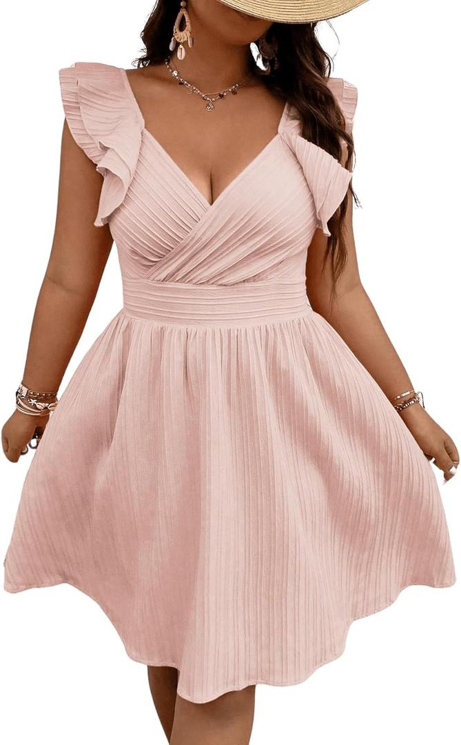 Floerns Women's Plus Size Wrap Front Sweetheart Neck Ruffle Cap Sleeve A Line Dress, Light Pink, 2XL