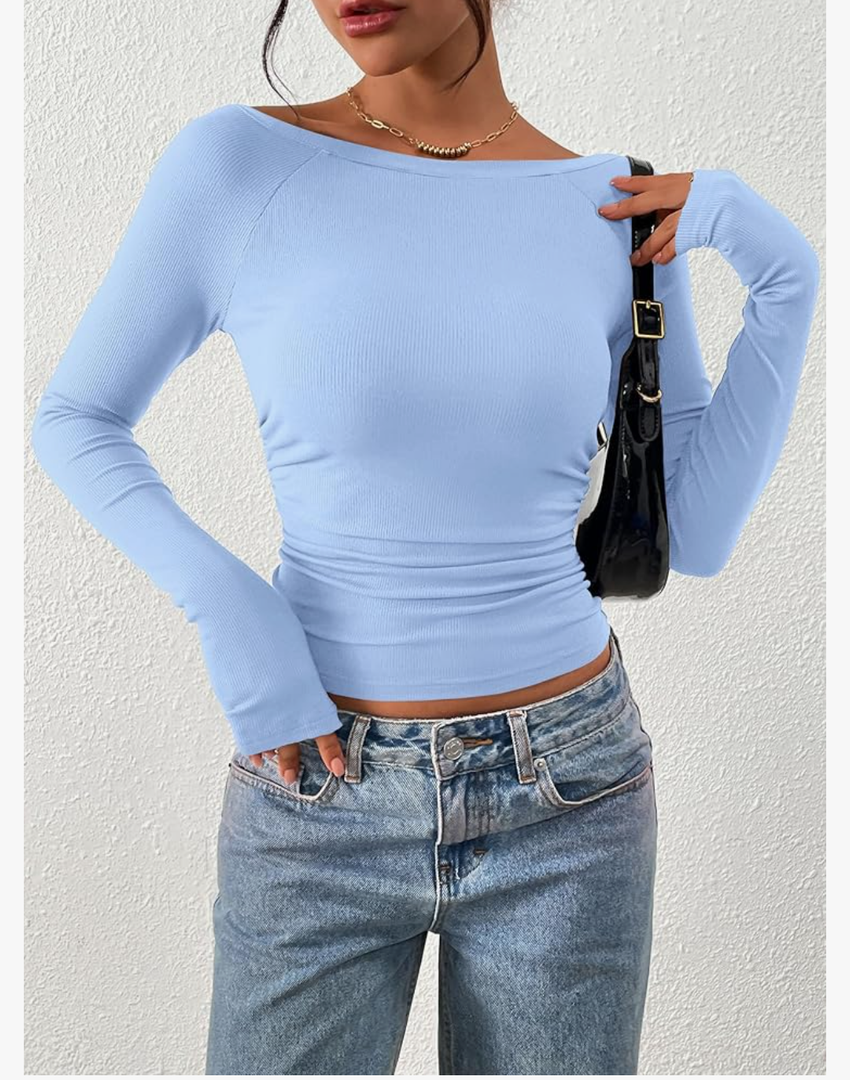 PRETTYGARDEN Long Sleeve Shirts for Women 2025 Fall Ruched Sides Boat Neck Basic Tee Casual Fitted Ribbed Knit Crop Tops, M