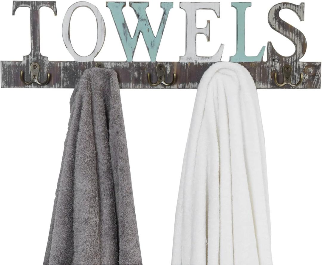 MyGift Wall Mounted Rustic Multicolored Solid Wood Towel Rack with 5 Dual Hooks and Decorative Towel Cutout Design, Wall Hanging Bathroom, Kitchen Laundry Room Hand Towel Hooks