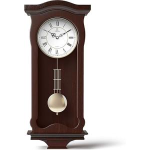 Pendulum Wall Clock Battery Operated - Wooden Hanging Grandfather Wall Clock with Pendulum - Quiet & Non-Chiming, Real Wood - Decorative for Living Room Decor, Office & Home Dcor Gift 23.5x9.75 (Classic Dark Brown)