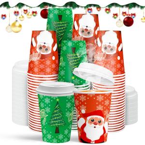 100Pcs 12 Oz Christmas Disposable Paper Coffee Cups with Lids, To Go Coffee Cups for Hot Chocolate, Cocoa, Hot Tea, Drinks and Christmas Party and Coffee Bars Decoration Supplies