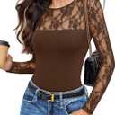 Avidlove Lace Long Sleeve Bodysuit for Women Crew Neck Body Suits Slimming Going Out Concert Tops Fall Outfits (Small, Brown)