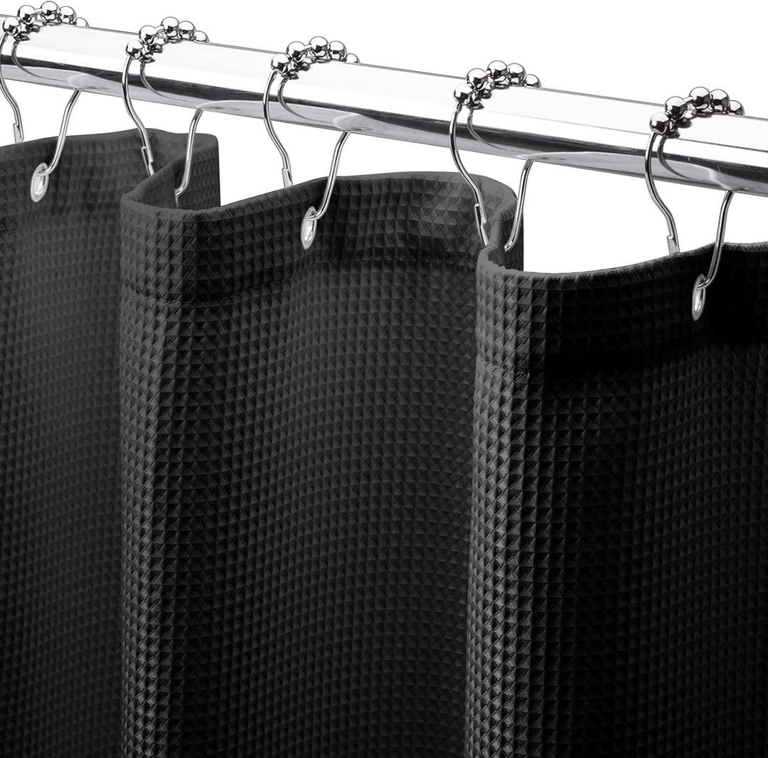 AmazerBath Waffle Shower Curtain, Heavy Duty Fabric Shower Curtains with Waffle Weave Hotel Quality Bathroom Shower Curtains, 72 x 78 Inches (Black)