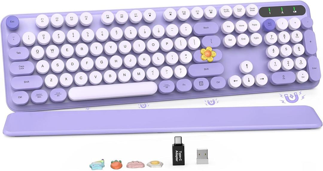 Wireless Keyboard, Round Keycaps, Retro Typewriter Keyboard with Detachable Wrist Rest, Sleep Mode, Foldable Legs, 2.4GHz Full-Size Cordless Computer Keyboard for Windows/PC/Laptop (Colorful-Purple)