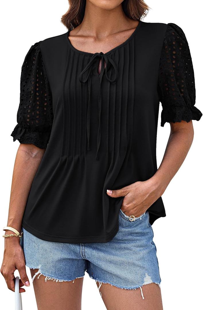 GRACE KARIN Womens Summer Top Casual Crewneck Short Puff Sleeve Crochet Lace Embroidered Blouses Shirts (Small, Black)