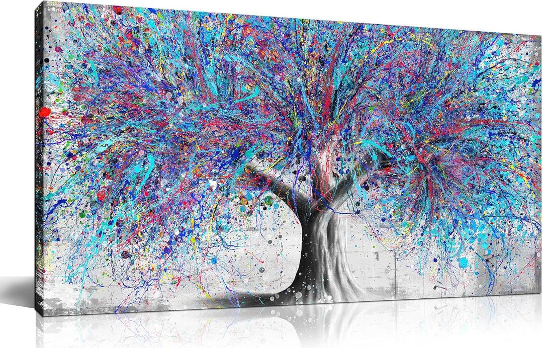 GUGIKA Tree Wall Art for Living Room, Blue Watercolor Canvas Wall Decor for Bedroom, Banksy Graffiti Print Painting Picture Decoration, Size 40x20 Inches (40L" x 20W")